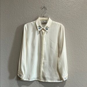 Napa Valley‎ Petite Womens Chic Floral Embroidered Cream Shirt Sz 14P Vintage